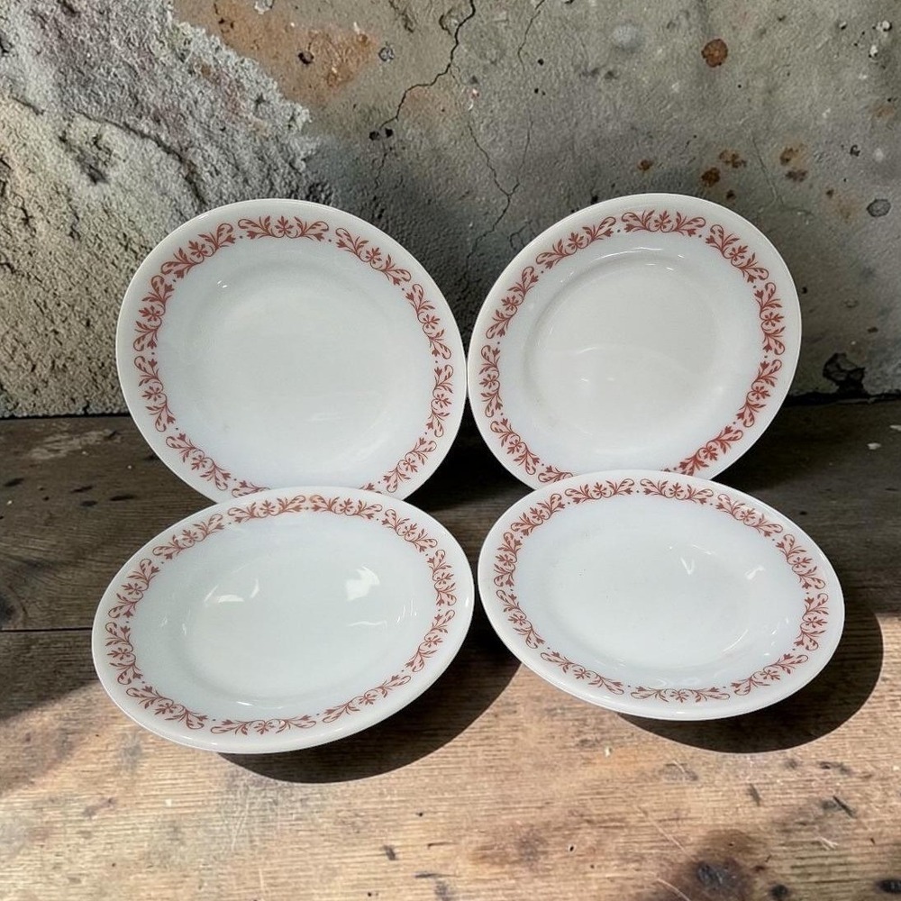Anchor Hocking Milk Glass Salad Plates #947, Set of 4, Copper Filigree Design